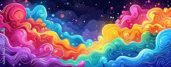 Fototapeta Abstract background vector illustration, in the style of a cartoon, colorful waves, clouds and bubbles