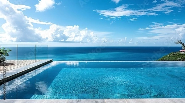 Fototapeta A large pool with a glass railing overlooking the ocean