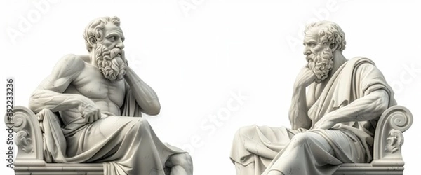 Fototapeta two ancient Greek philosopher statues isolated on a white background, 2D illustration in the style of high resolution