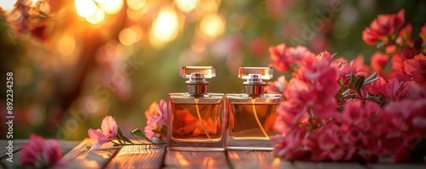 Fototapeta two perfume bottles with flowers on the background, beautiful background, blurred background