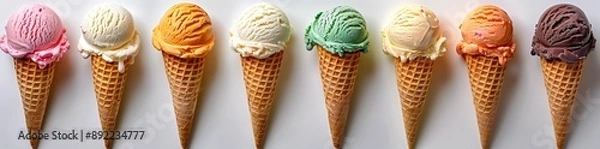 Fototapeta A variety of ice cream cones with different flavors and colors isolated on a white background