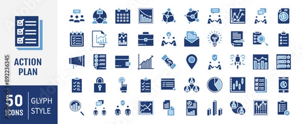 Fototapeta Action plan glyph icons set. Strategy, tasks, goal, action, planning and analysis. Vector Illustration