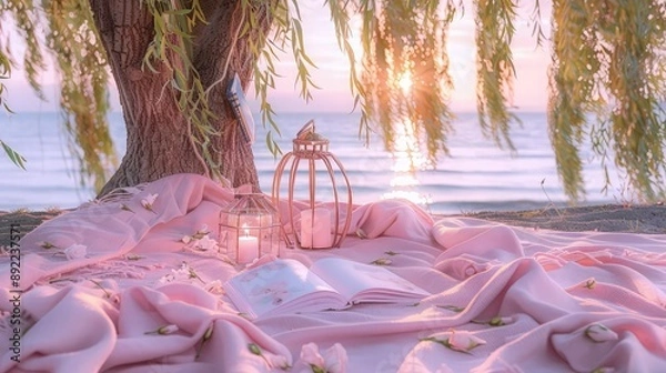 Fototapeta A pastel pink blanket spread under a willow tree, featuring a romance novel and a rose gold candle lantern. In the background, the sea glimmers under the pink hues of the setting sun.