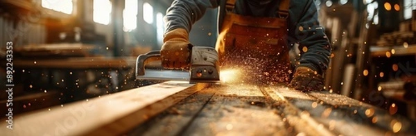 Fototapeta Wooden beam being cut in the style of a circular saw with focus on the sparks flying around