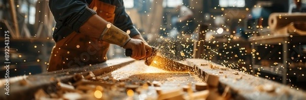 Fototapeta Wooden beam being cut in the style of a circular saw with focus on the sparks flying around