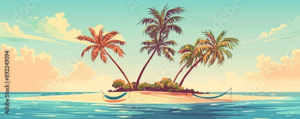 Fototapeta Tropical island getaway with palm trees and hammocks Vector flat minimalistic isolated