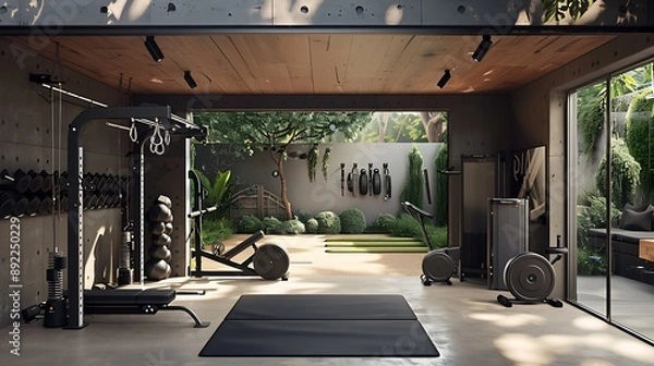 Fototapeta Minimalist garage gym with space-saving exercise equipment, functional training areas, and motivational decor