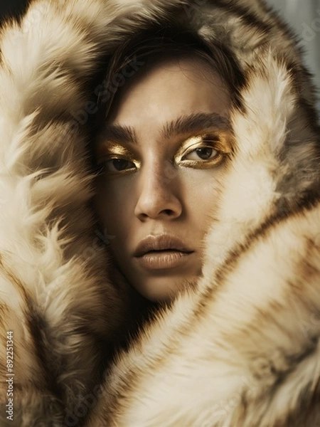 Fototapeta Golden Glamour: A captivating portrait of a woman with dramatic golden eyeshadow and a luxurious fur coat, creating a sense of opulence and mystery.  