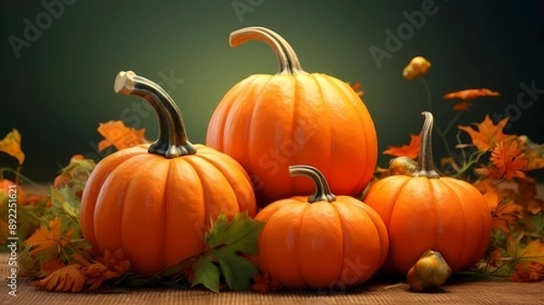 Fototapeta Orange pumpkins on a wooden surface with a blurred green and orange background