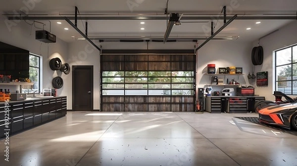 Fototapeta Industrial-style garage workshop designed for metalworking and fabrication projects