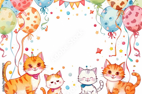 Fototapeta Birthday card with cute Cats, generated ai