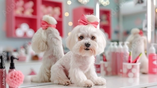 Fototapeta Adorable Maltese Dog with Pink Bow Looking at Its Reflection