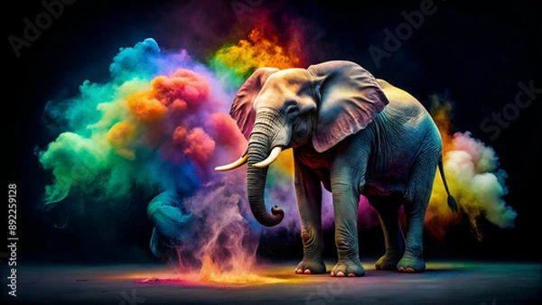 Fototapeta Colorful elephant standing in front of black background