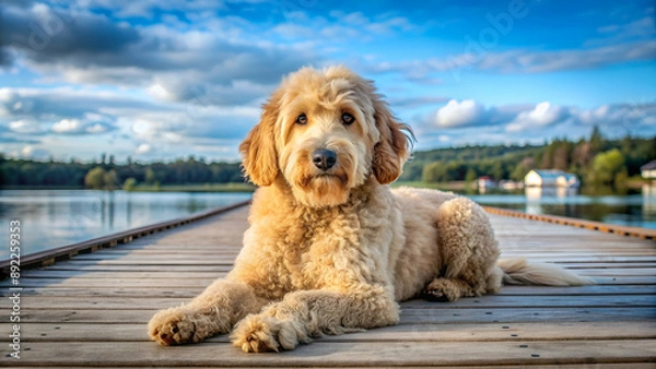 Obraz Goldendoodle dog lying on a jetty