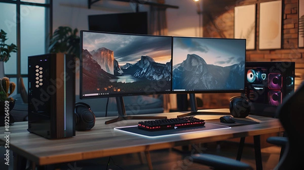 Fototapeta Two monitor setup for gaming and workspace