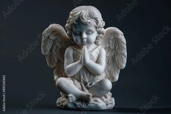 Fototapeta A White Cherubic Angel With Wings Folded Praying With Closed Eyes Against a Dark Background