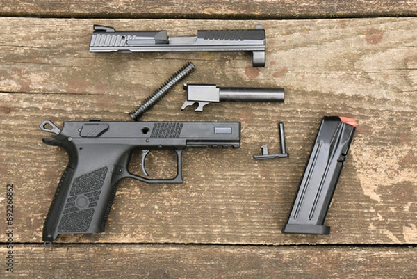 Obraz A modern automatic pistol disassembled into its basic elements, prepared for cleaning. Right side.