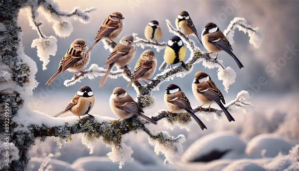 Fototapeta Flock of Songbirds on Snow-Covered Branches in Serene Winter Setting