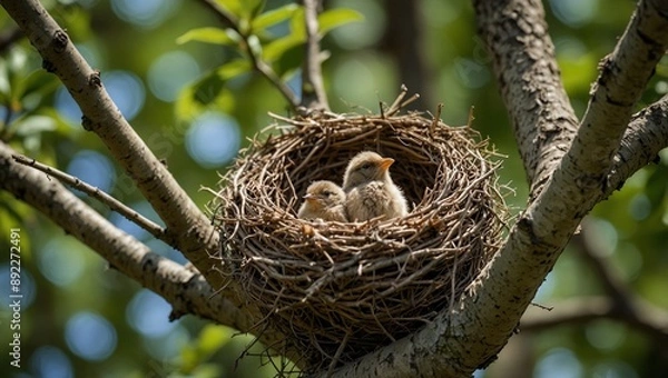Fototapeta photo of baby birds in the nest made by AI generative