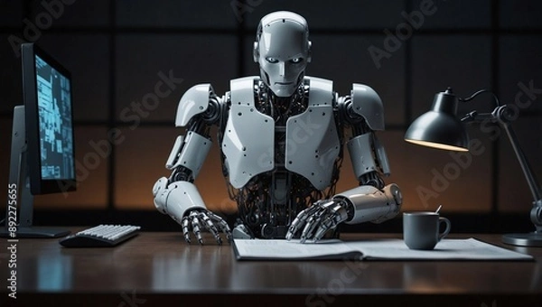 Fototapeta photo of robots doing human work  made by AI generative