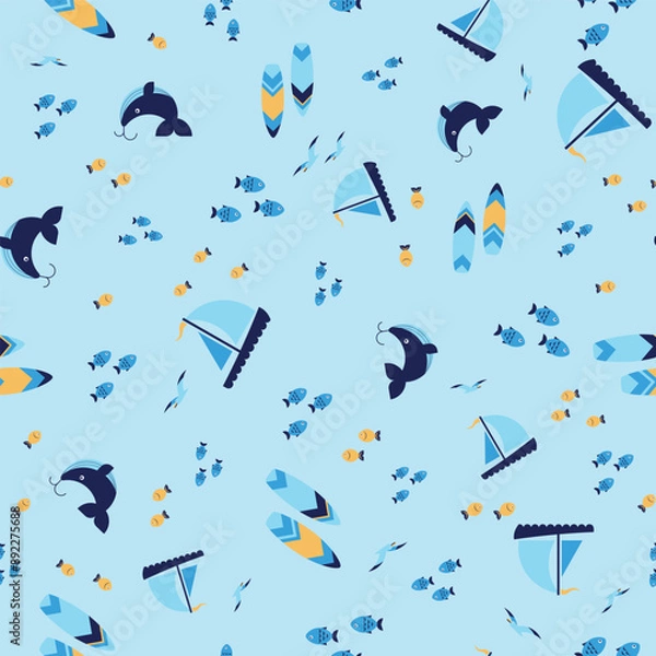 Fototapeta Ocean pattern with sailboats, whales, and fish is ideal for a vacationthemed background