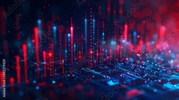 Fototapeta Red and blue data visualization of stock market on dark background.