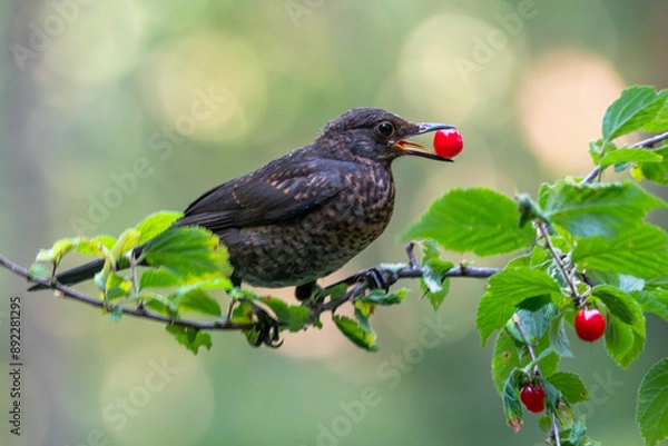 Fototapeta Blackbird with red cherry berry