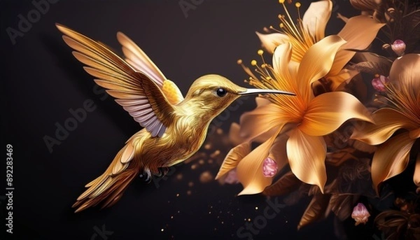 Fototapeta Design a logo of a golden hummingbird feeding on nectar.