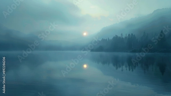 Fototapeta A misty morning over a tranquil lake with a reflection of the rising sun.