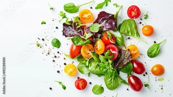 Fototapeta Close-up of a vibrant salad featuring a variety of fresh and crisp vegetables, meticulously arranged against a minimalist white backdrop 