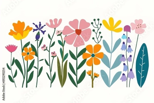 Fototapeta A diverse compilation of delightful floral and naturalistic design motifs, presented as a flat, hand-sketched vector collection.