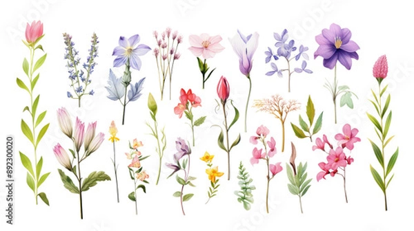 Fototapeta Set of watercolor wildflowers painting isolated on clear png background and transparent background. Fresh and nature concept for nature decorative and flower element, AI generative.

