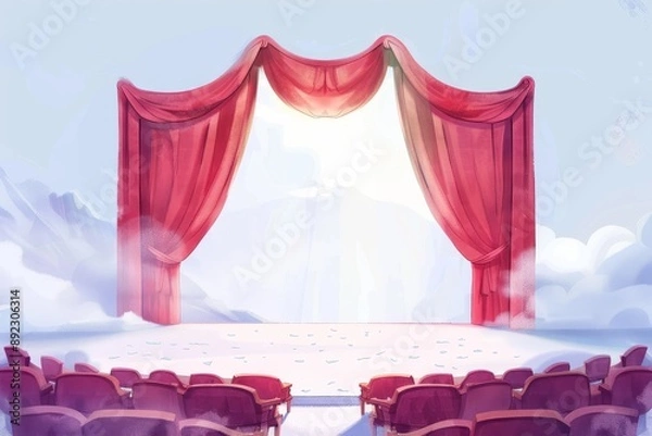 Fototapeta Illustration of a theater stage with red curtains and an empty audience. Children's Book Illustration