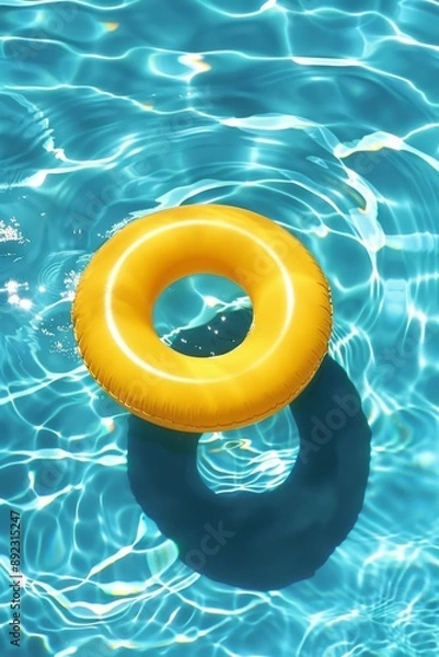 Fototapeta Top view of yellow pool ring floating on water with blue background in swimming pool in sunshine. A life belt floats in the sea.