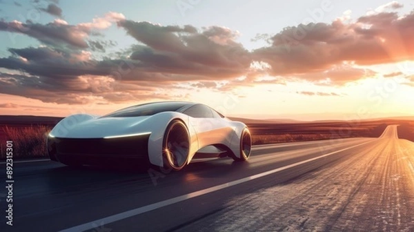 Fototapeta A futuristic car is driving down a road at sunset
