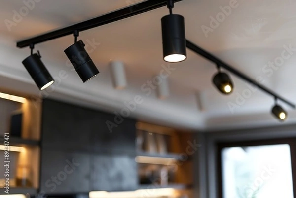 Obraz Close-Up of Black Track Lighting System in Modern Home Interior Design