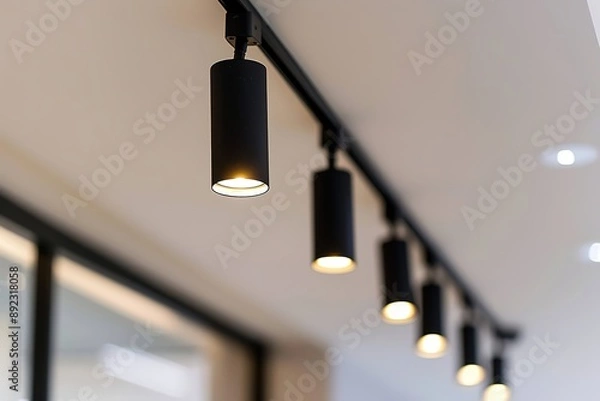 Obraz Close-Up of Black Track Lighting System in Modern Home Interior Design