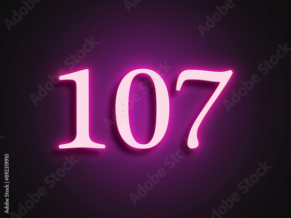 Fototapeta Pink glowing Neon light text effect of number 107.