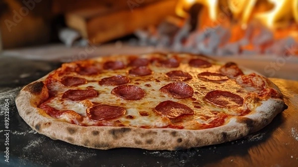 Fototapeta A freshly baked pepperoni pizza with a crispy crust, sitting on a black stone surface, with a wood-fired oven in the background.