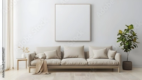 Fototapeta Modern cozy mock up and decoration furniture of living room and empty canvas frame on the white wall texture background, 3D rendering