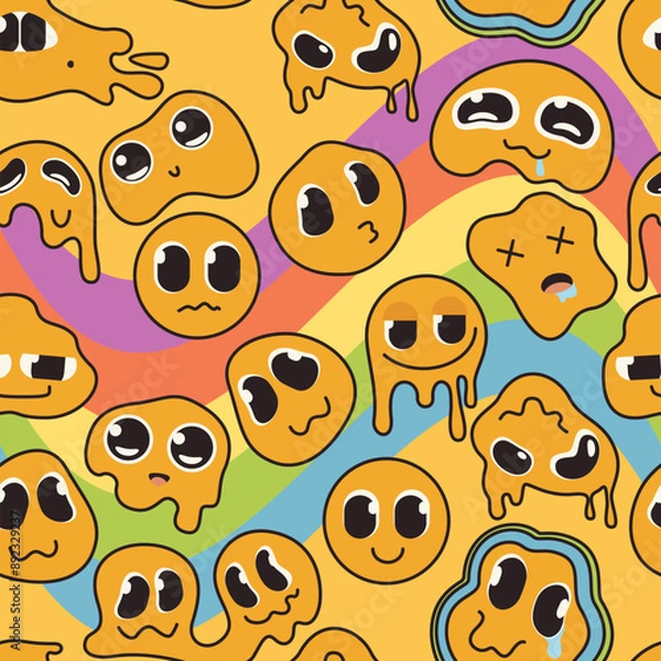 Fototapeta Groovy cartoon psychedelic seamless pattern with distorted yellow emoji on rainbow waves. Funny retro crazy faces of characters, melting emoticons in background of 70s 80s style vector illustration