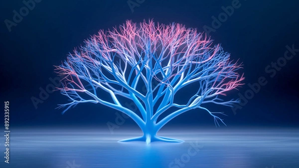 Obraz A vibrant, neon-colored tree-like structure resembling veins or neural pathways, glowing in shades of blue and pink against a dark background. The image symbolizes connectivity and technology.