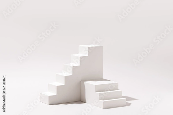 Obraz Beauty cosmetics product presentation mockup scene made with minimalist stair step podium stage. Ideal for showcasing cosmetics, perfumery, jewelry and modern branding visuals. Studio photography.