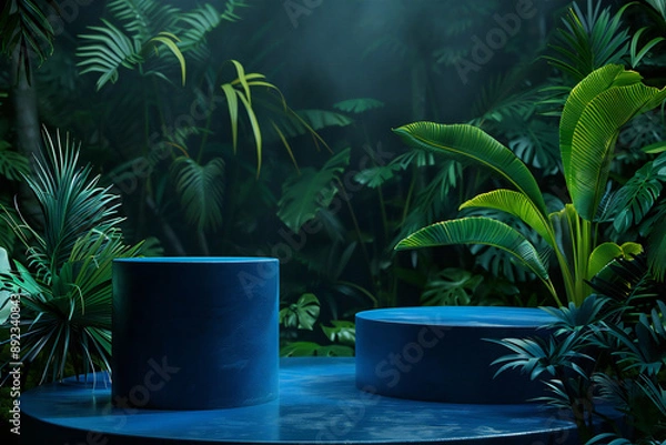 Fototapeta Blue Display Platforms in Lush Jungle Setting with Greenery and Natural Tropical Ambiance for Outdoor Presentations Copyspace