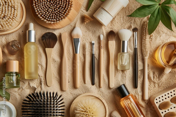 Fototapeta collection of makeup brushes and bottles on a sandy surface. Concept of organization and creativity, as the various items are arranged in a visually appealing manner