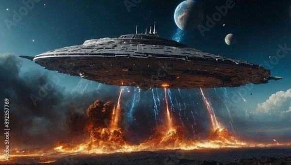 Fototapeta Cosmic battle between massive starships amidst exploding supernovae
