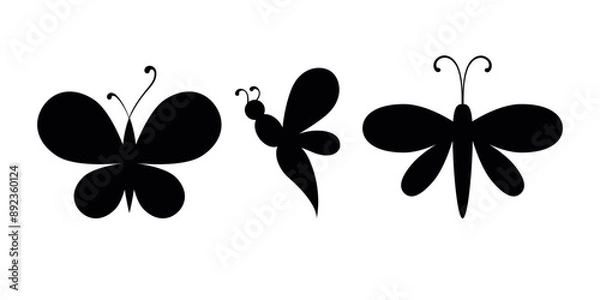 Obraz Set of vector black silhouettes of stylized bee, butterfly and moth on white background