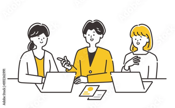 Obraz テーブルでミーティング・会話をするビジネスパーソン（男女）のイラスト素材