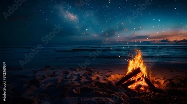 Fototapeta 夜空と砂浜の焚き火