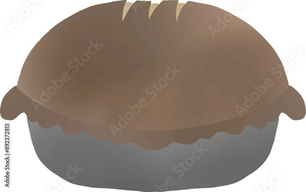 Fototapeta Cartoon pie in a brown metal pan baked until puffed and round with three lines on the top